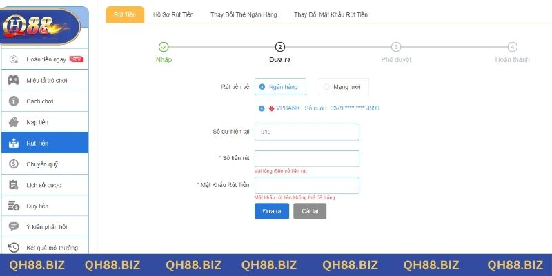 Form yêu cầu rút tiền được hệ thống QH88 cung cấp 
