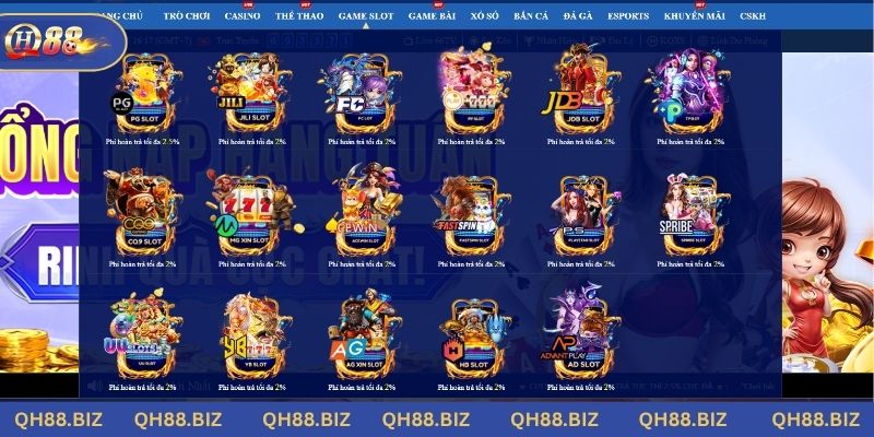 Hệ thống trò chơi Slots Game hấp dẫn tại QH88 với đa dạng chủ đề
