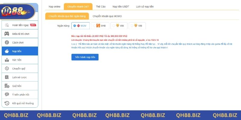 Chuyển nhanh 24/7 qua thẻ ngân hàng hoặc ví MoMo để vào vốn nhanh chóng